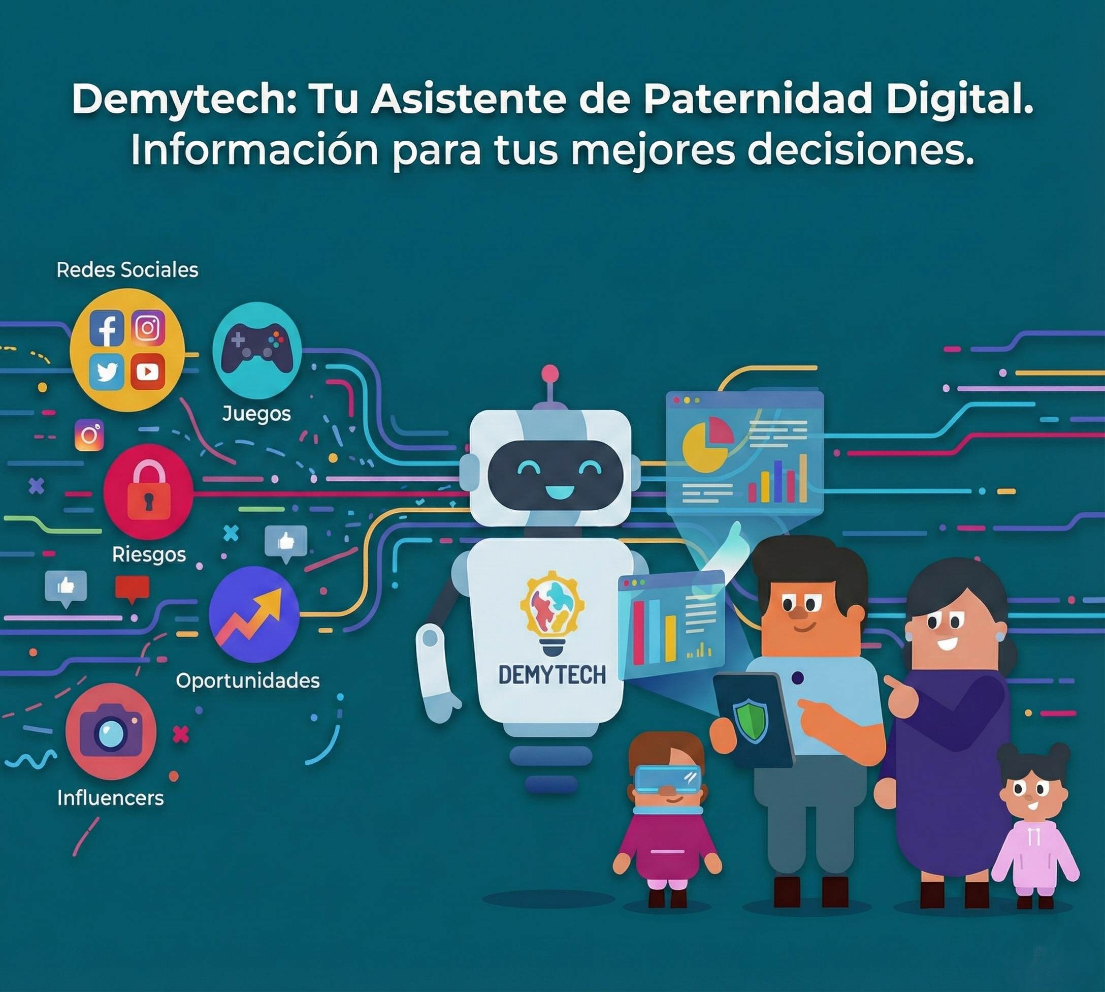 Demytech: Tu Asistente de Paternidad Digital - Ilustración mostrando cómo Demytech conecta el mundo digital (redes sociales, juegos, riesgos, oportunidades) con las familias a través de un asistente robot